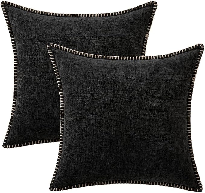 MIULEE Decorative Couch Throw Pillow Covers 20x20 Inch Black 2 Pack | Halloween Farmhouse Pillow Covers with Stitched Edge, Soft Chenille Cushion Cases, for Sofa Bed Living Room Home Decor