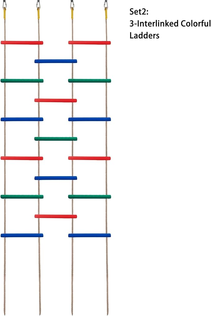 Innovative Rainbow Kids' Wooden Rope Ladder - 3/4/5-Group Connectivity, 14-Inch Wide, Ideal Ninja Warrior Accessory for Tree, Swing & Play (Set2: 3-Interlinked Colorful Ladders)