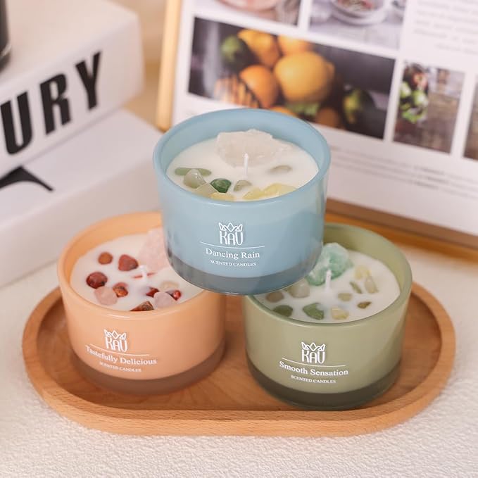 Scented Candles for Home Décor - KAV Dancing Rain Premium Scented Candle for Women Men, Embedded Stone and Soy Wax in 3 oz Glass Jar, Natural Aromatherapy (Tastefully Delicious)