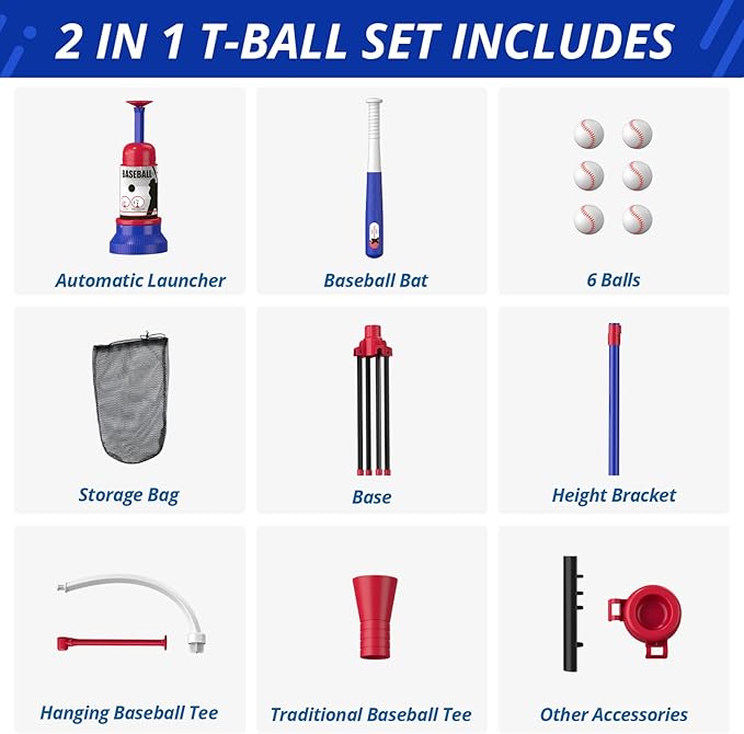 HYES 3-in-1 Baseball Set for Kids 3-5 - Tee Ball Stand, Hanging Tee, Ball Launcher and 6 Softballs - Adjustable Height, Indoor/Outdoor Sport Gifts for Boys Girls, Blue