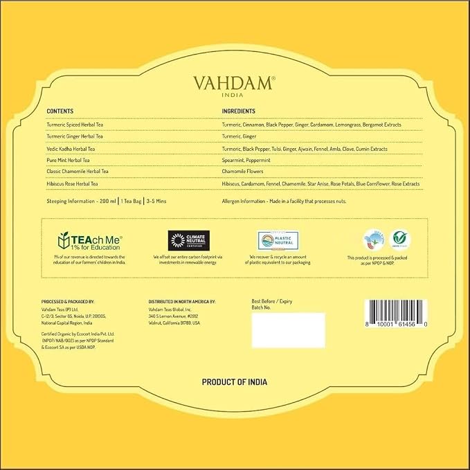 VAHDAM, Assorted Herbal Tea Variety Pack (6 Variants, 36 Tea Bags) Caffeine Free, Gluten Free, Non GMO | Eco Friendly Long Leaf Pyramid Tea Bags I Tea Gift Set for Men and Wome