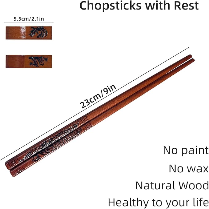 Dragon & Phoenix Wooden Chopsticks Set, Hand-Carved, 2 Pairs | Food-Safe, Non-Toxic, Reusable, Non-Slip Grip, 9 Inch, Elegant Gift Box, Sushi, Ramen, Hot Pot, Wedding, Housewarming