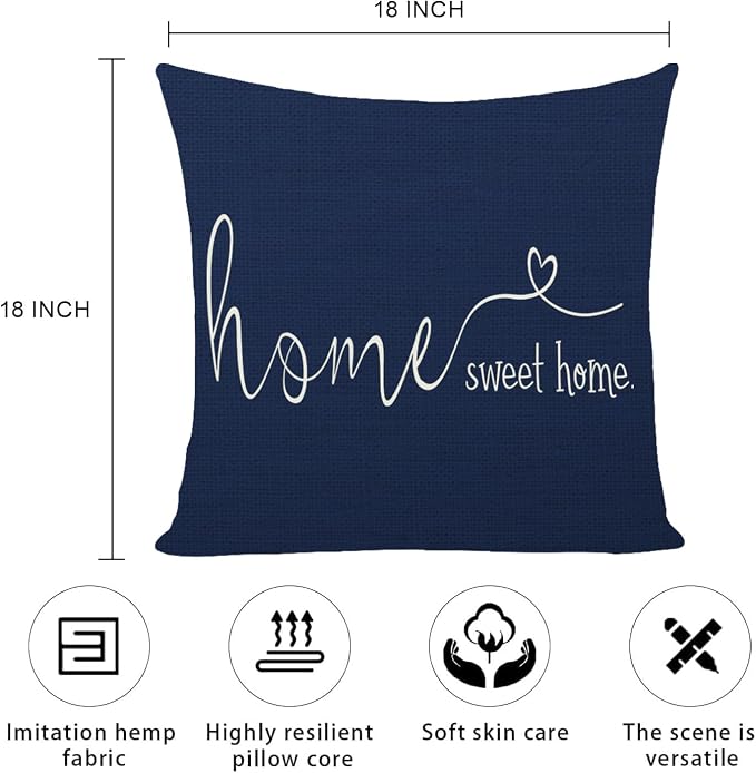 Home Sweet Home Quotes Farmhouse Pillow Covers 18x18 Inch,Farmhouse Decorative Lumbar Throw Pillow Case Cushion Cover,Housewarming Gift,Blue