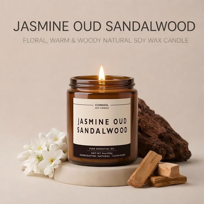Jasmine Oud Sandalwood Scented Candles for Home, Natural Soy Wax Candle with Essential Oils, 9oz Amber Jar Aromatherapy Candel, 50H Long & Non-Toxic Burning, Hand Poured, Giftable, Relaxation