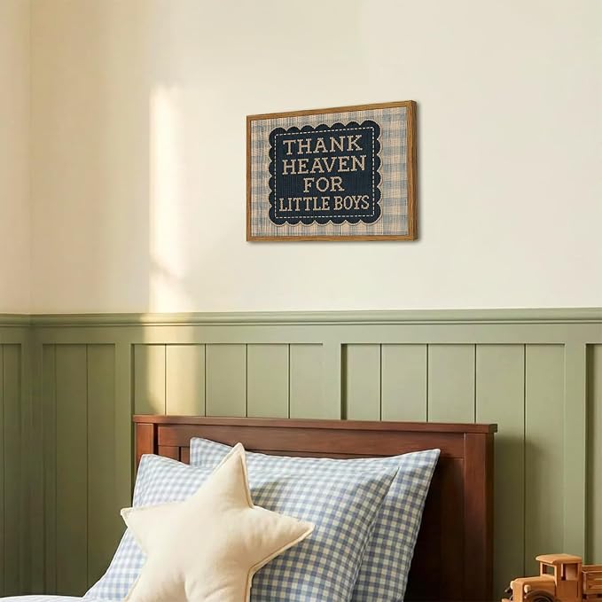 Framed Thank Heaven for Little Boys Wall Art, Baby Boy Nursery Wall Decor, Vintage Blue Gingham Inspirational Quote Paintings Canvas Prints Pictures for Toddler Kids Bedroom 16x24 inch