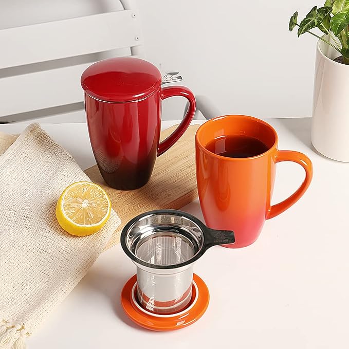 Sweejar Porcelain Tea Mug with Infuser and Lid,Teaware with Filter, Loose Leaf Tea Cup Steeper Maker, 16 Fl Oz for Tea/Coffee/Milk/Women/Office/Home/Gift (Gradient Orange)