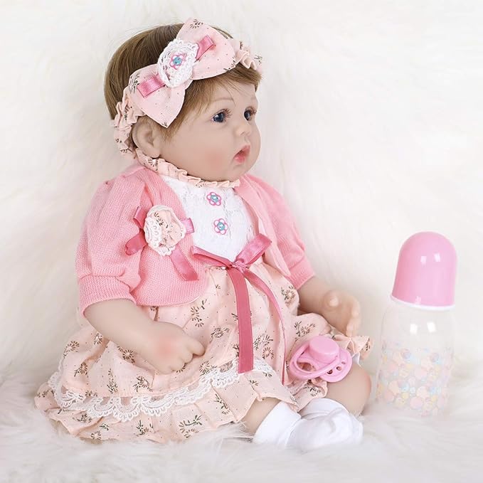 ENADOLL Reborn Baby Doll Realistic Silicone Vinyl Baby Pink Hairband Girl 16 inch Weighted Soft Body Lifelike Doll Gift Set for Ages 3+(Pink Hairband)