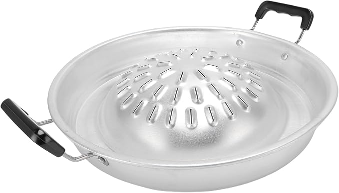 Thai Korean BBQ Grill Pan, Aluminum BBQ Grill Topper, 2 in 1 Non Stick Smoke Steak Grill Charcoal Pan Pork Hot Pot, Even Heating Barbecue Grill Plates, Camping BBQ Pan (35cm/13.78in Original Color)