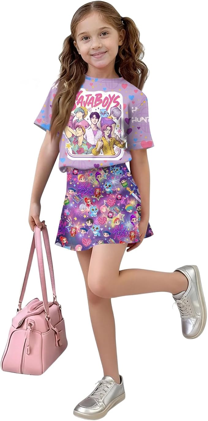 HTHLVMD K Pop Short Sleeve T-Shirt and Skirts Outfits Set for Girls Hunters Rumi Mira Zoey Graphic Tees De-Mon Costume
