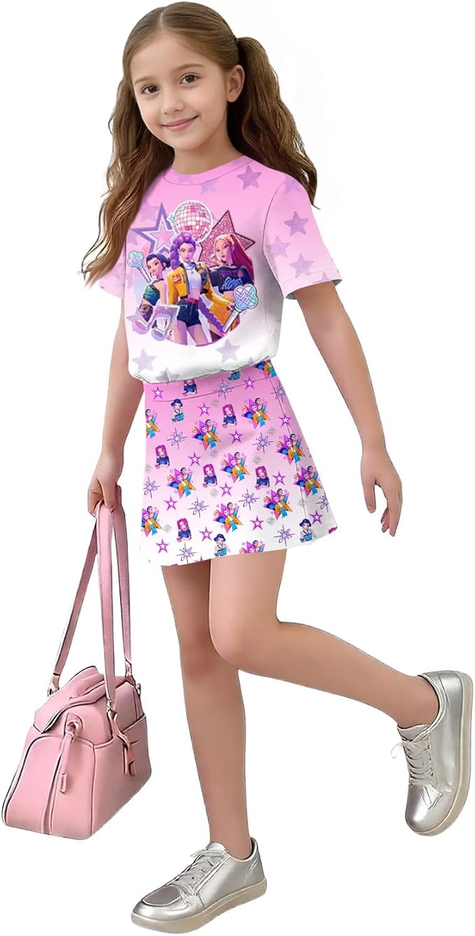 Girls 2-Piece Anime Outfit Set, Short Sleeve Graphic T-Shirt and Printed Skirt Set