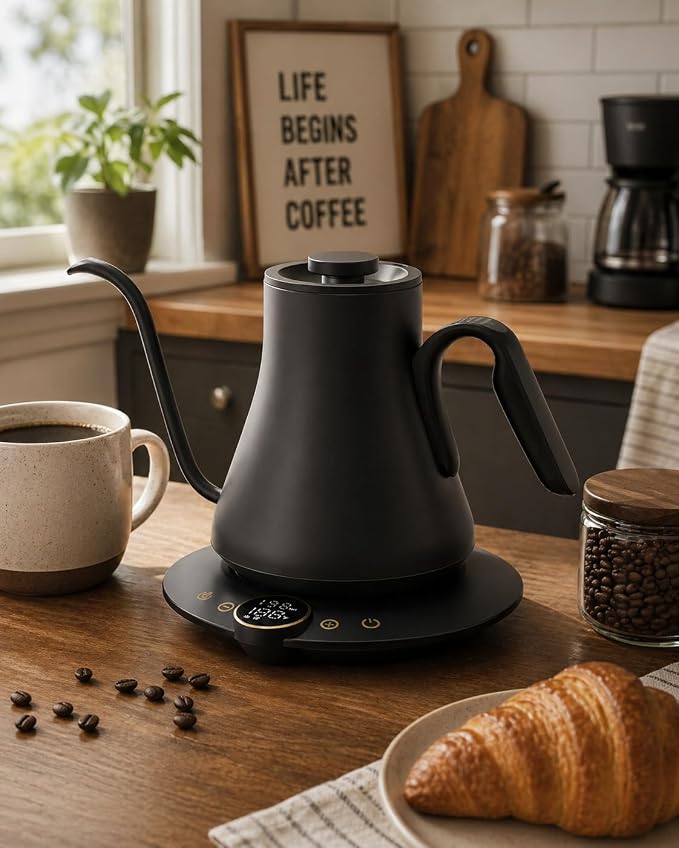 Cocinare Gooseneck Electric Kettle, ±1°F Precise Temperature Control, 1500W Fast Heating, Pour Over Coffee & Tea Kettle with Brew Timer & Keep Warm, Stainless Steel, 0.9L (Matte Black)