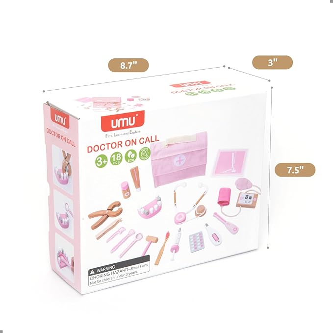 UMUยฎ Wooden Doctor Kit for Kids โ 18 pcs Doctor and Dentist Play Set for Toddlers with Stethoscope, Syringe, Tooth Model & More โ Medical Pretend Play Toy for Girls Ages 3 4 5 6