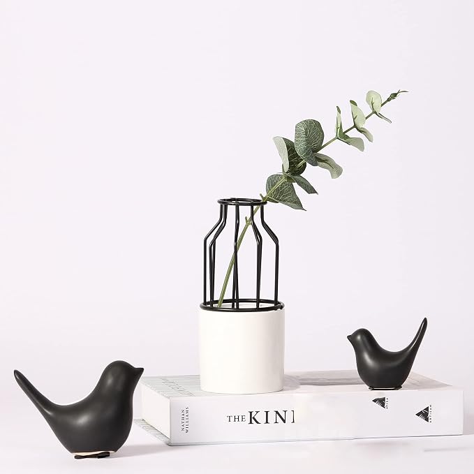 FANTESTICRYAN Small Birds Statues Home Decor, Modern Style, Black, S&L | Ceramic Animal Figurines, Set of 2 Decorative Ornaments, For Living Room, Bedroom, Office Desktop, Cabinets, Coffee Bar