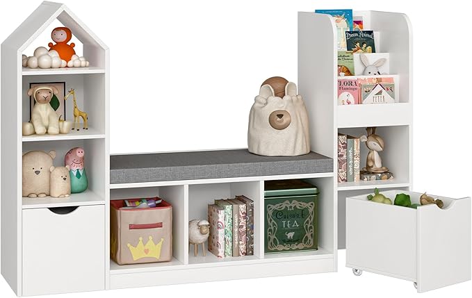Kids Bookcase with Reading Nook, Bench Kids Bookshelf with 7 Storage Cubbies and 2 Movable Drawers, Multi-Purpose Toy Storage Organizer with Seat Cushion for Playroom, Bedroom, Living Room, White