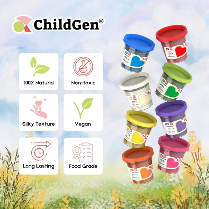 ChildGen Mini Cup Play Dough Set – 8 Pack, Non-Toxic, Natural Sensory Dough for Kids & Toddlers – Montessori Creative Play, Fine Motor Skills, Travel-Friendly Craft Set