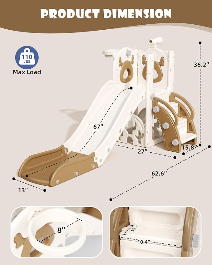 YUFU 7 in 1 Kids Slide for Toddlers, Toddler Slide Playset with Golf, Climber, Basketball Hoop and Ball, Indoor Outdoor Toddler Playground for Kids Age 1-3 (Brown)