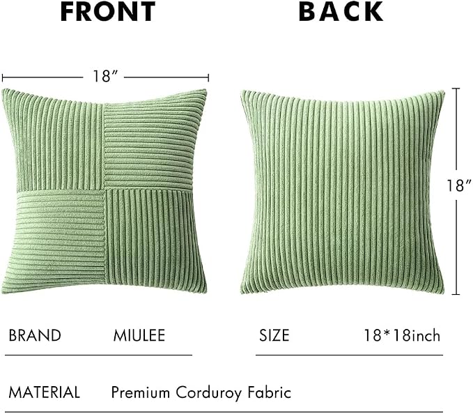 MIULEE Sage Green Decorative Throw Pillow Covers for Couch 18x18 Inch | 2 Pack, Boho Farmhouse Pillow Covers, Soft Cross Corduroy Patchwork Textured Cushion Cases For Bed Sofa