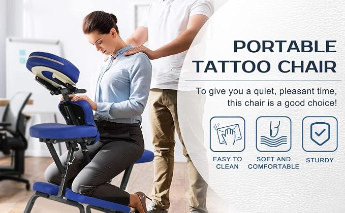 Portable Massage Chair for Tattoo and Spa Foldable Massage Therapy Chair with Adjustable Face Cradle High-Density Cushion Lightweight Design with Carrying Bag Ideal for Salon Use (Blue)