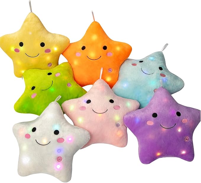DearSun Set of 2pcs, 13'' Creative Twinkle Star Colorful Night Light Plush Pillows Light up Night Stuffed Toys Perfect for Birthday Christmas Holiday Valentines(Yellow+White)