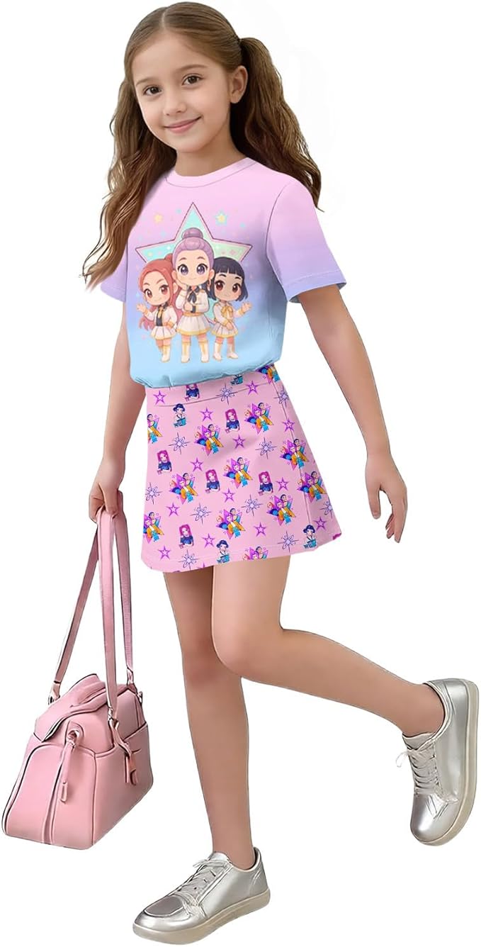 HTHLVMD K Pop Short Sleeve T-Shirt and Skirts Outfits Set for Girls Hunters Rumi Mira Zoey Graphic Tees De-Mon Costume