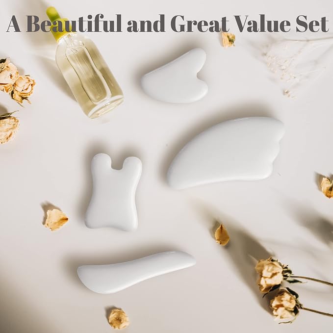 Rena Chris Guasha Massage Tool, 4 pcs Gua Sha Facial Tool, Guasha Board for SPA Acupuncture Therapy Trigger Point Treatment, Gua Sha Scraping Massage Tool (White)
