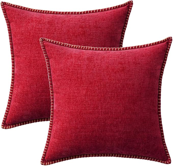 MIULEE Decorative Couch Throw Pillow Covers 20x20 Inch Red 2 Pack | Summer Farmhouse Pillow Covers with Stitched Edge, Soft Chenille Cushion Cases, for Sofa Bed Living Room Home Decor