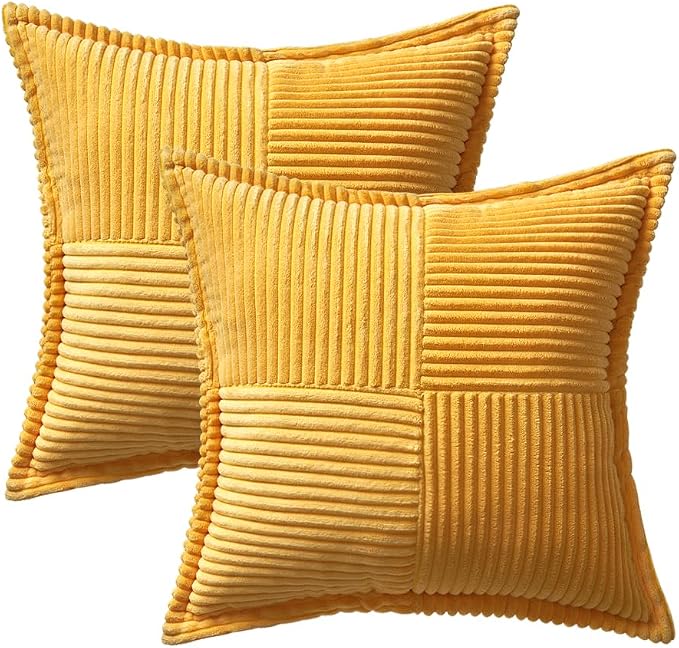 MIULEE Golden Yellow Corduroy Pillow Covers 16x16 Inch with Splicing Set of 2 Soft Boho Striped Pillow Covers Broadside Decorative Textured Summer Pillowcases for Couch Cushion Bed Livingroom