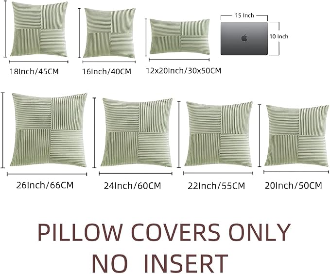 Fancy Homi 2 Packs Sage Green Decorative Throw Pillow Covers 18x18 Inch for Living Room Couch Bed Sofa, Farmhouse Boho Home Decor, Soft Corss Corduroy Patchwork Textured Square Cushion Case 45x45 cm