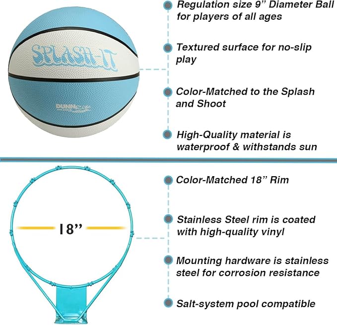 Dunn-Rite Splash & Shoot Outdoor Adjustable Height Swimming Pool Basketball Hoop w/Ball, Base, & 18 Inch Stainless Steel Rim for Adults & Kids, White