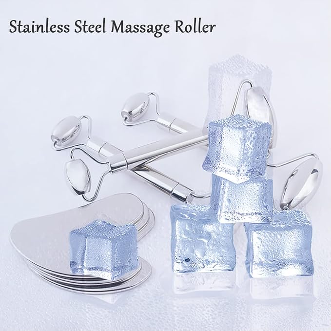 Gua Sha Facial Tools Set,Ice Face Rollers,Manual Acupuncture Pen,Stainless Gua Sha,3-in-1 Stainless Steel Massage Set for Women