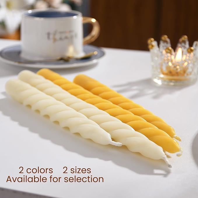 2PCS 10-Inch Pure Beeswax Spiral Taper Candles, Twisted Stick Candles, Dripless & Unscented for Weddings, Christmas, Dinner, Meditation - White
