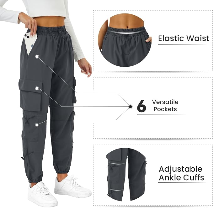 COPYLEAF Womens Parachute Cargo Pants with Pockets Quick Dry Hiking Pants Lightweight Water-Resistant Baggy Joggers