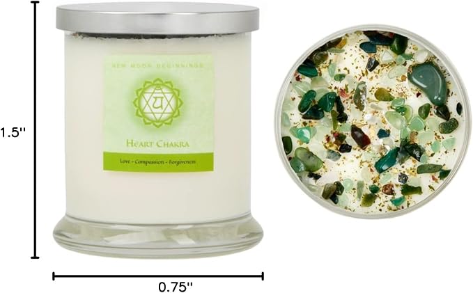 Heart Chakra Candle by New Moon Beginnings - Chakra Candles - Dried Flower, Herb, & Crystal Candles - Aromatherapy Candles - Soy Candle - 12oz Glass Jar
