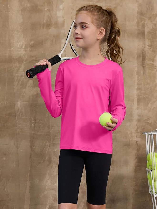 ZDC Girls Long Sleeve Athletic Shirts Kids Crewneck Quick Dry Workout Yoga Tops Basic Tees Activewear