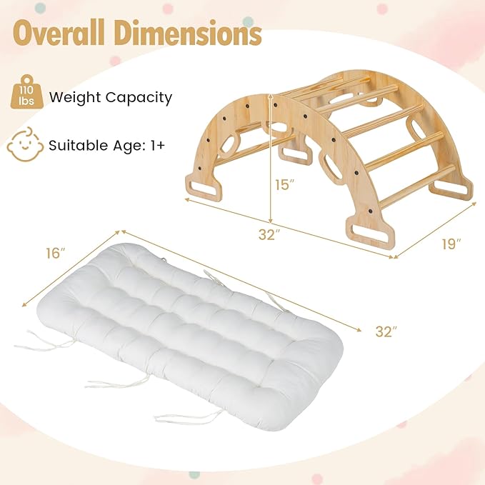 Costzon Wooden Rocking Climbing Arch w/Cushion, 3-in-1 Montessori Kids Climber Rocker for Toddlers, Playground Climbing Ladder Toy, Indoor Gym Learning Playset for Boys Girls Ages 1+ (Wood Color)