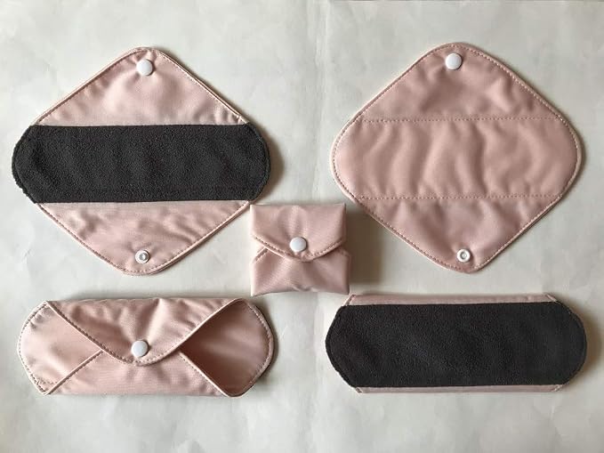 5 Pieces Charcoal Bamboo Mama Cloth/Menstrual Pads/Reusable Sanitary Pads (Light Pink, Pantyliner (8 inch))