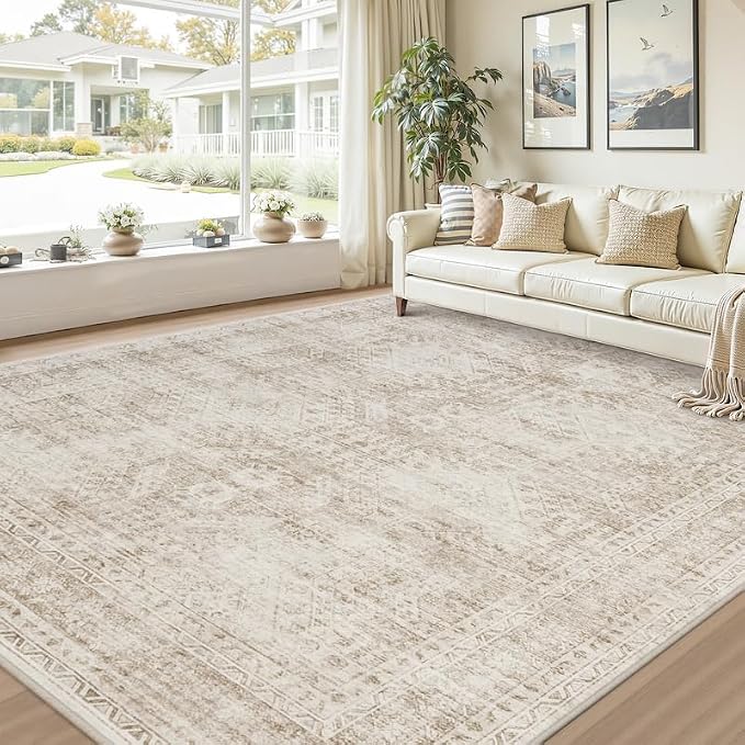 8x10 Area Rugs for Living Room: Vintage Boho Neutral Washable Rug Indoor Soft Large Area Rug Carpet for Bedroom Nursery Farmhouse Dining Room Office Floor Non-Slip Low Pile Under Table Rug Brown