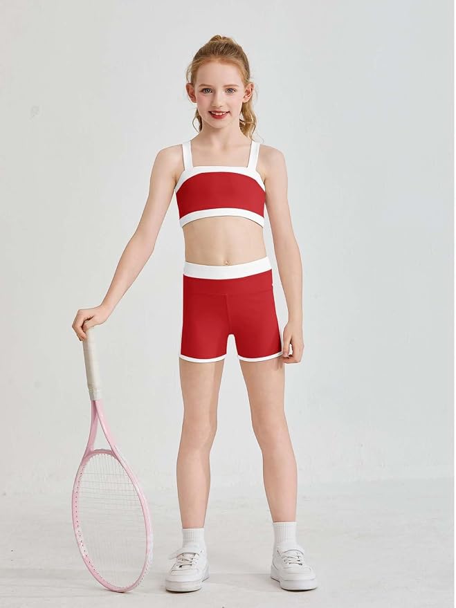 Haloumoning Girls 2 Piece Outfits Athletic Color Block Training Bra and High Waisted Shorts Clothing Sets 5-14Y