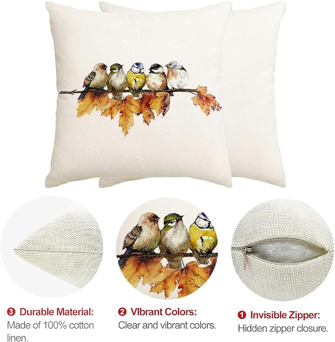 RABUSOFA Fall Pillow Covers 20x20 Inch Watercolor Bird Autumn Decorations for Home Outdoor Thanksgiving Decor Maple Leaf Decorative Throw Pillow Cases Farmhouse for Couch Sofa