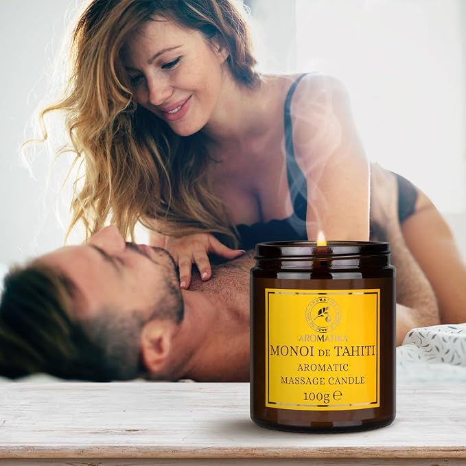 Scented Massage Candle Monoi de Tahiti - Soy Wax Candle 3.5Oz - Relaxing Massage Candle - Blend of Coconut & Almond & Monoi de Tahiti Oils - Vanilla Oleoresin - Skin Care - Beauty - Aromatherapy
