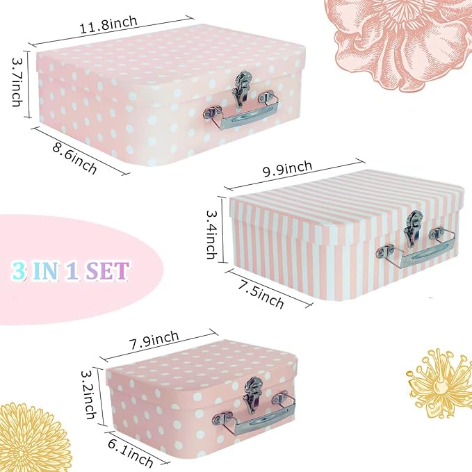 Paperboard Suitcases Set of 3 Decorative Boxes, Compatible with Barbie Storage Organizer, Doll Clothes, Toys, Photos, Accessories, Hat, Cute Storage Gift Boxes for Kids Girls Home Decoration