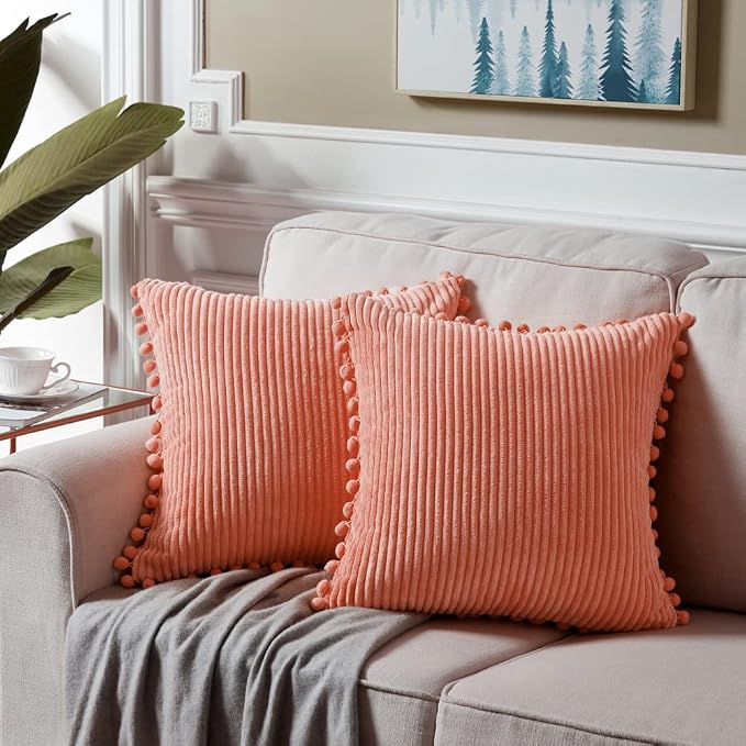 Fancy Homi Pack of 2 Coral Decorative Throw Pillow Covers 16x16 Inch with Pom-poms for Living Room Couch Bedroom, Soft Corduroy Peach Solid Square Cushion Case 40x40 cm, Rustic Farmhouse Home Decor