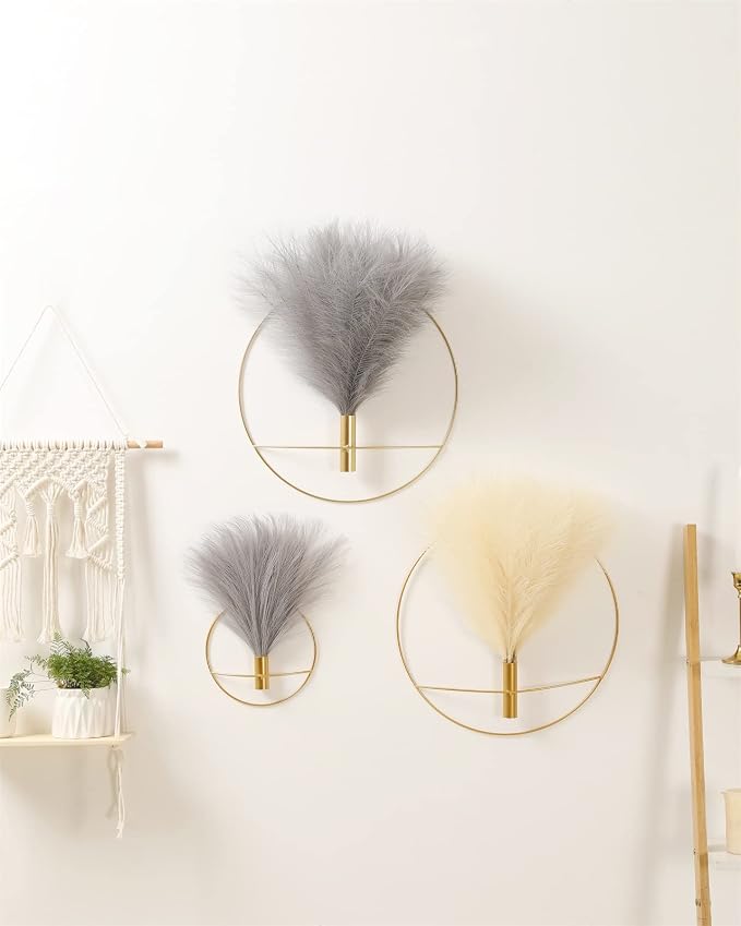 Pretty Jolly Boho Pampas Wall Decor Gold Metal Wall-Mounted Art | Morden Artificial Greenery Display,2 Pack Beige Hanging Planter For Living Room, Bedroom, Bathroom, Dining room
