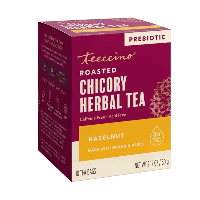Teeccino Hazelnut Roasted Herbal Tea - Caffeine Free, Prebiotic, 3x More Herbs - 10 Tea Bags
