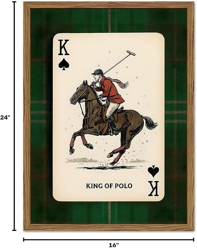 Vintage Equestrian Wall Art, King of Polo Wall Decor Painting Rustic Race Horse Sports Poster Canvas Prints Picture for Game Room Living Room Bedroom 16x24 inch Wood Framed