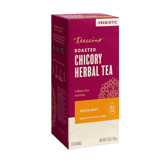 Teeccino Hazelnut Herbal Tea - 25 Tea Bags - Rich & Roasted Herbal Tea That’s Caffeine Free & Prebiotic for Natural Energy,