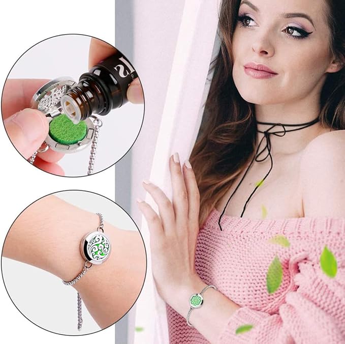 2 Pcs Essential Oil Diffuser Bracelet, Stainless Steel Aromatherapy Diffuser Locket Adjustable Bracelet with 20 Colorful Unscented Refill Pads, Set for Women Girls