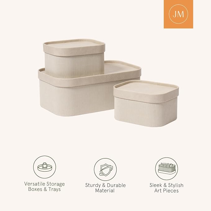 La Jolie Maison Decorative Storage Boxes with Lids Faux Leather, 3 Pack | Ivory Faux Leather Lids, Fluted Cardboard Storage Basket, Organizer for Jewelry, Shelves, Bedroom & Closet Storage Memory Box