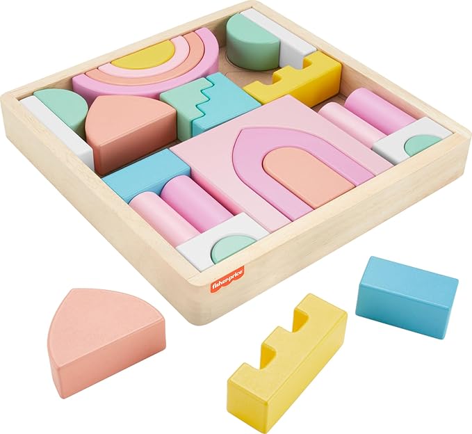Fisher-Price Wood Toddler Toy Castle Block Set, 28 Wooden Pieces for Stacking Developmental Play Preschool Kids Ages 2+ Years