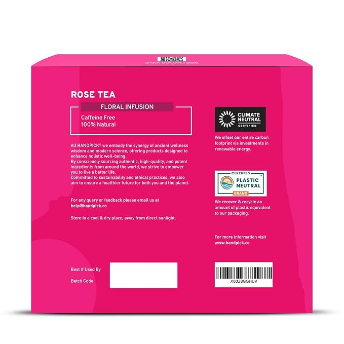 HANDPICK, Rose Buds Herbal Tea Bags - 50 Count | Caffeine Free Rose Tea with Chamomile & Tulsi | Floral & Smooth | Round Eco-conscious Tea Bags